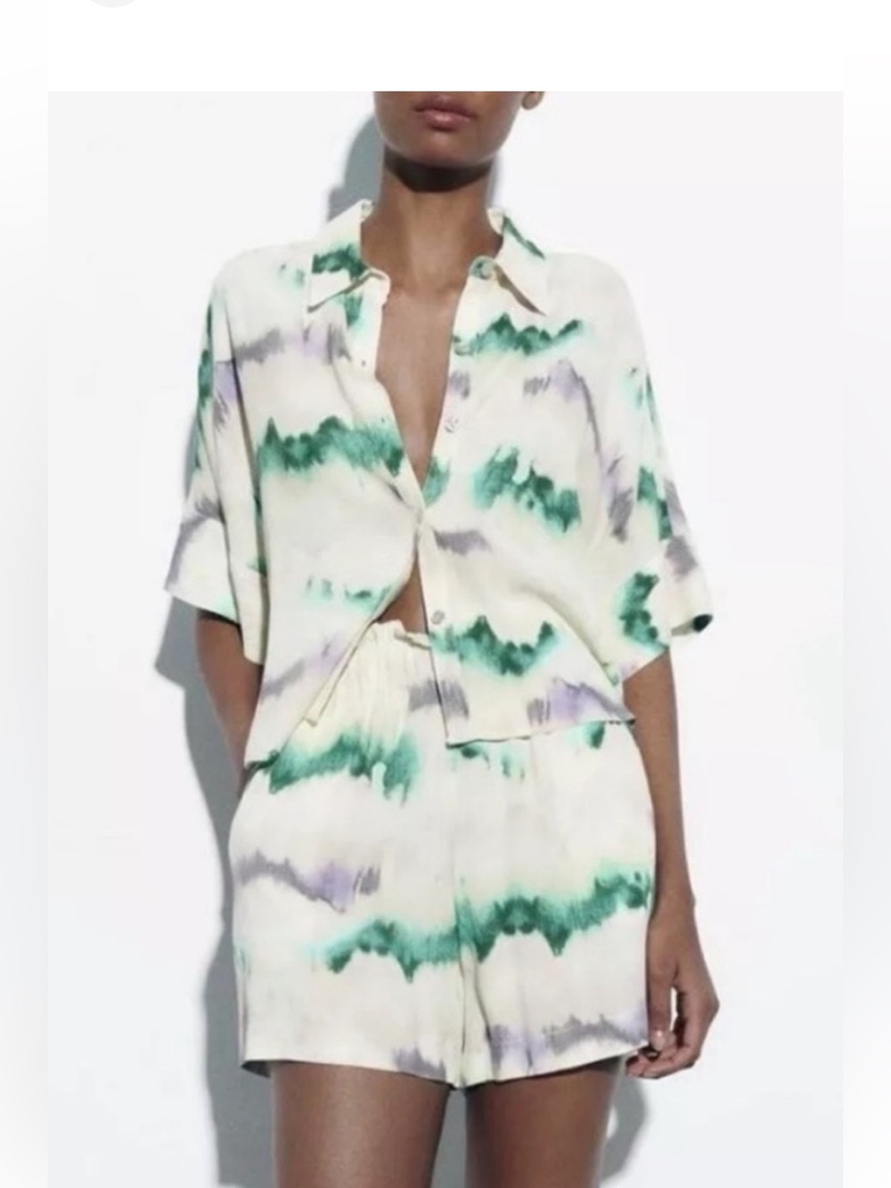 Zara Tie-Dye Matching Set Button-Down Shirt Breathable Elastic Waist Shorts XS